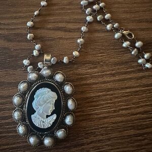 Freshwater Gray pearl cameo with gray pearl rosary necklace